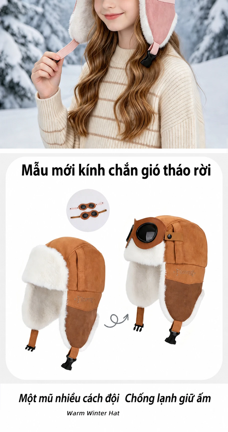 Mũ phi công kèm kính cho bé trai bé gái, lót lông giữ ấm, che tai, dùng mùa đông ngoài trời
