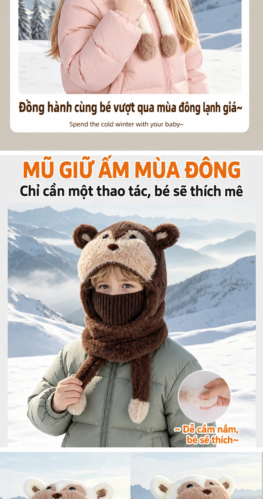 Mũ len trùm đầu liền khăn ống và khẩu trang cho bé trai bé gái, giữ ấm mùa đông, có che tai, họa tiết hoạt hình