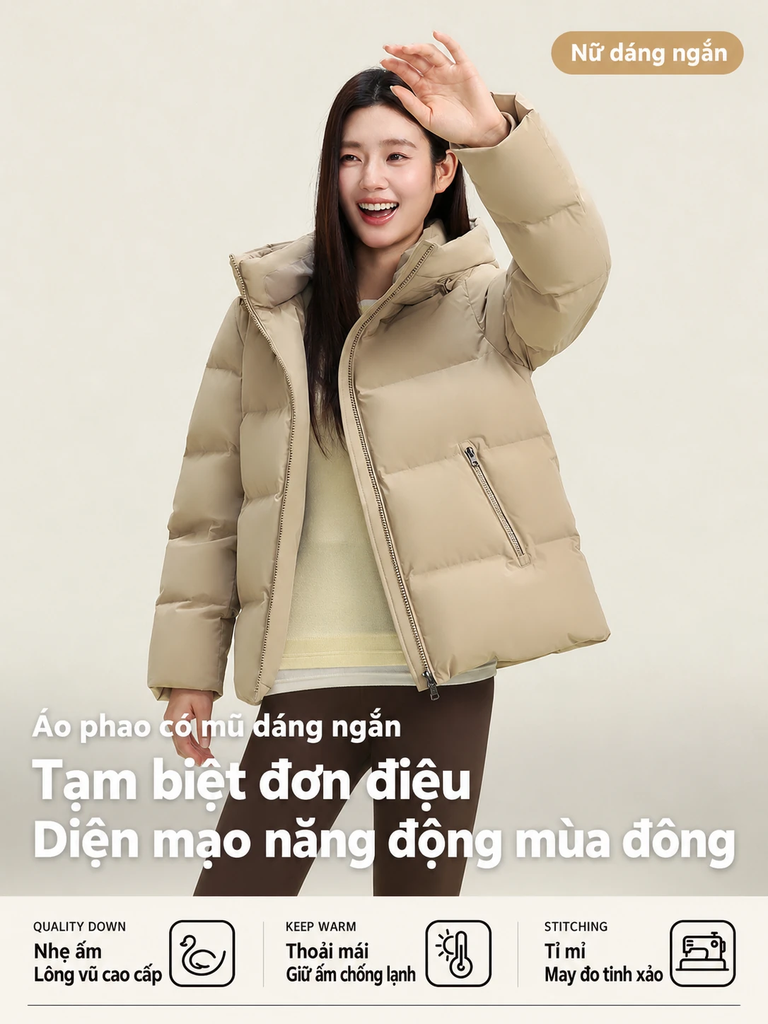 Áo phao nữ dáng ngắn mùa đông phong cách Hàn, tối giản, dễ phối, phù hợp mặc ngoài trời và vận động