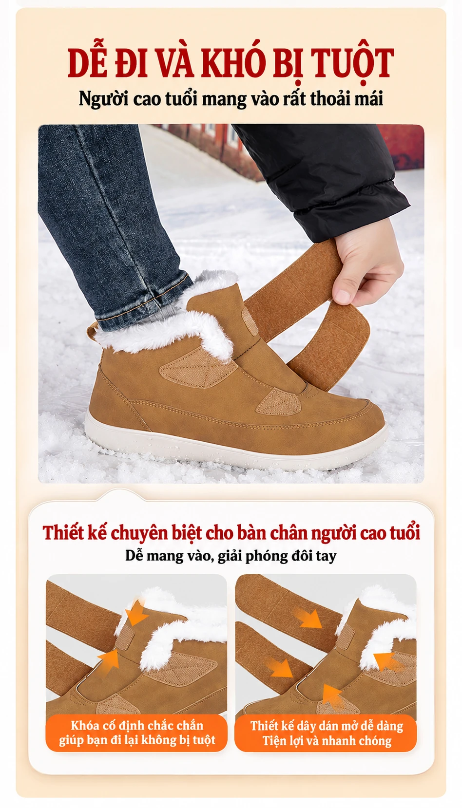 Giày đi tuyết nam, nữ chống trơn trượt, lót lông dày giữ ấm mùa đông