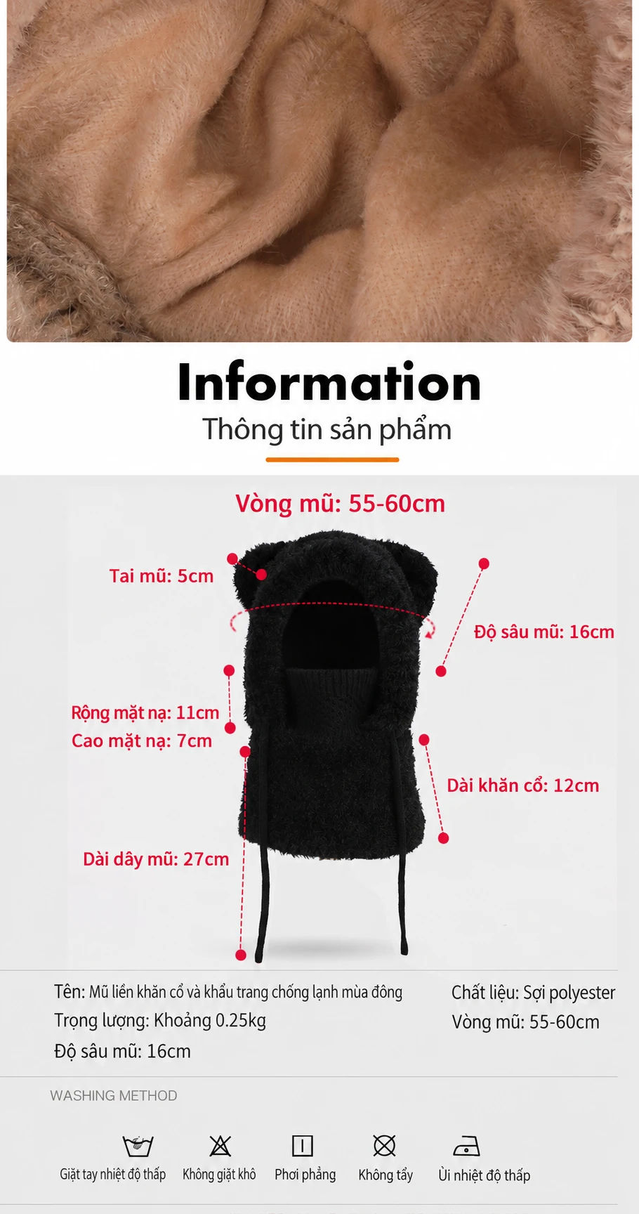 Mũ len nữ trùm đầu liền khăn quàng và khẩu trang, lót lông giữ ấm, che tai, dùng cho mùa đông ngoài trời