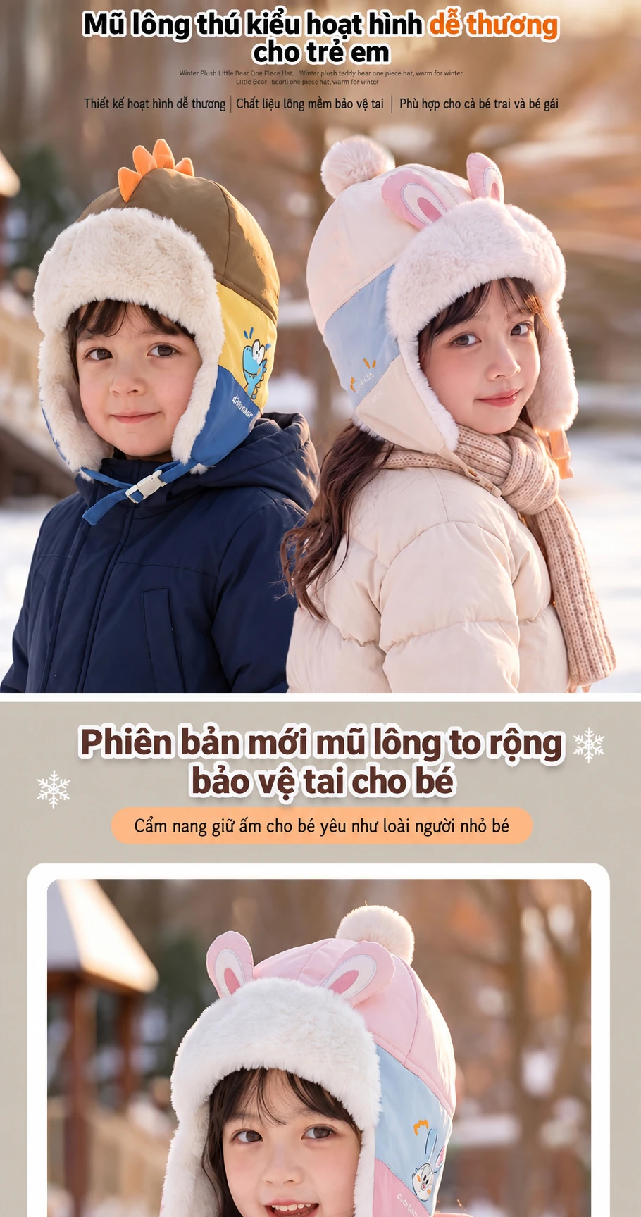 Mũ trẻ em mùa đông lót lông giữ ấm che tai, mũ chui đầu hình thỏ khủng long cho bé trai bé gái