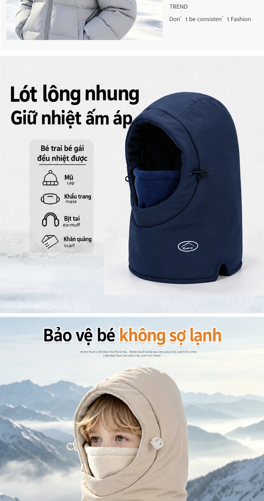 Mũ trùm đầu liền khăn quàng và che mặt cho bé trai bé gái, giữ ấm chống nước, lót lông mùa đông