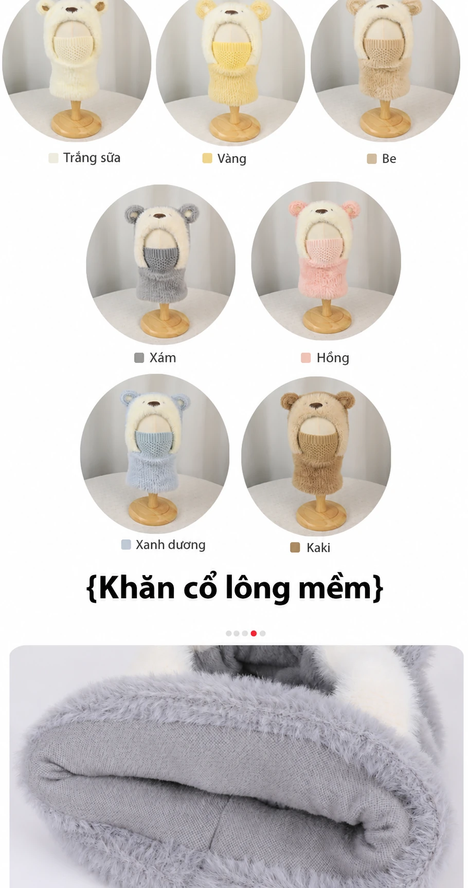Mũ len trùm đầu liền khăn quàng và khẩu trang cho bé hình gấu hoạt hình, lót lông giữ ấm mùa đông, che tai