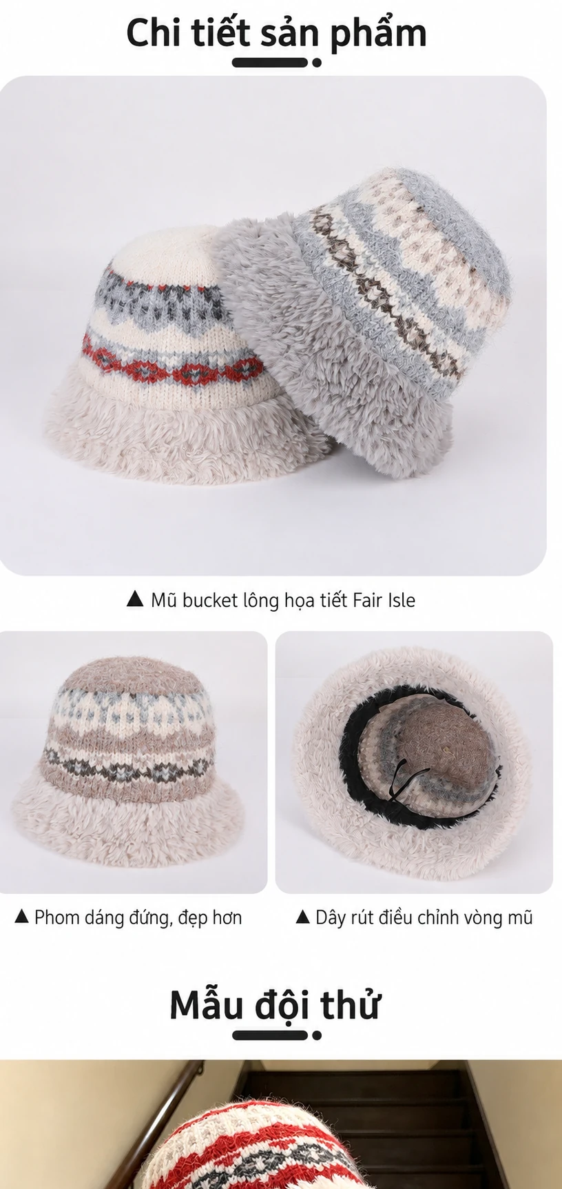 Mũ bucket len nữ lót lông, giữ ấm che tai, phù hợp đi ngoài trời mùa đông