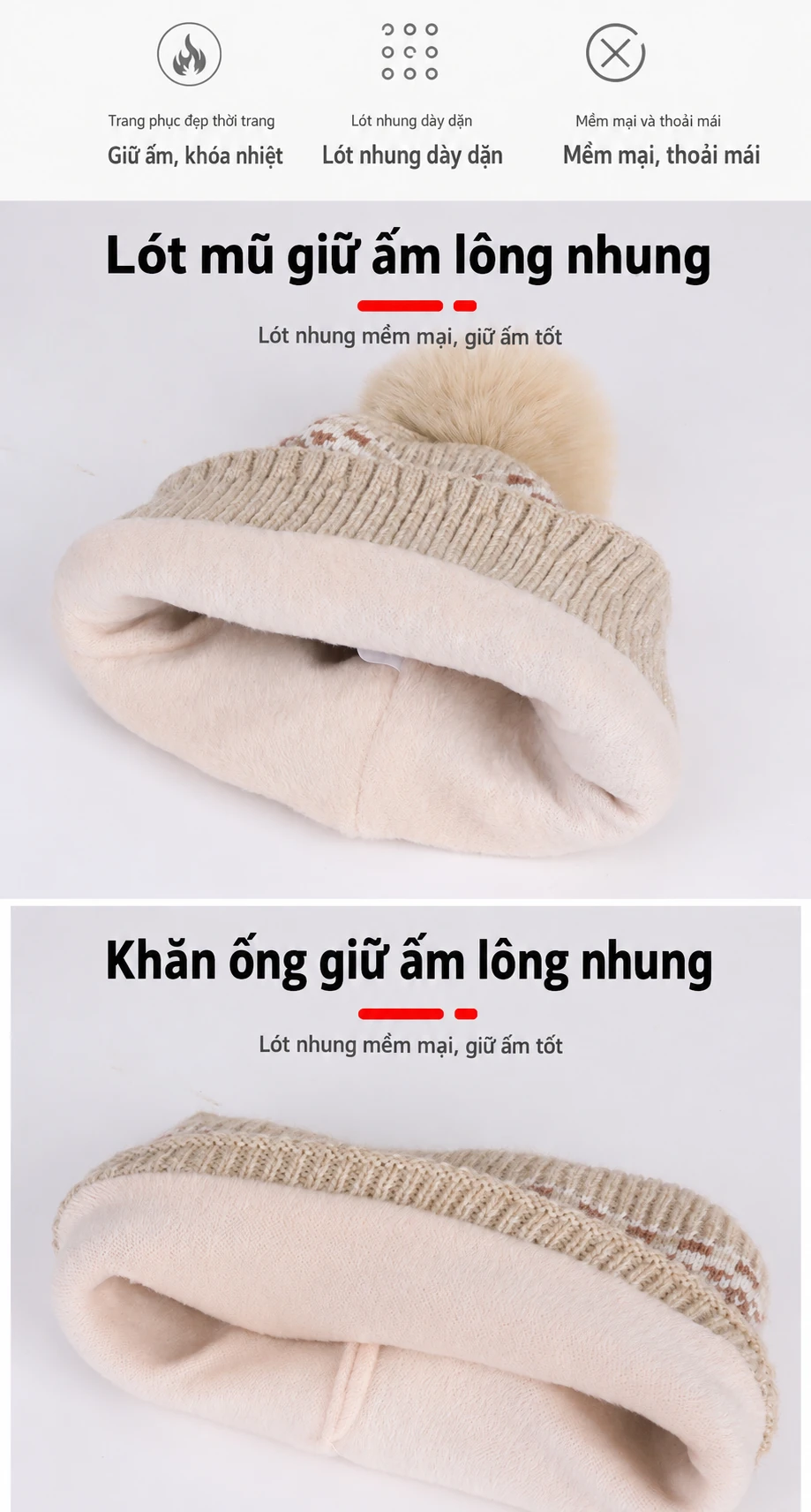 Bộ 2 món, bộ 3 món mũ len chui đầu, khăn ống và găng tay cho bé trai bé gái, lót lông giữ ấm mùa đông, che tai