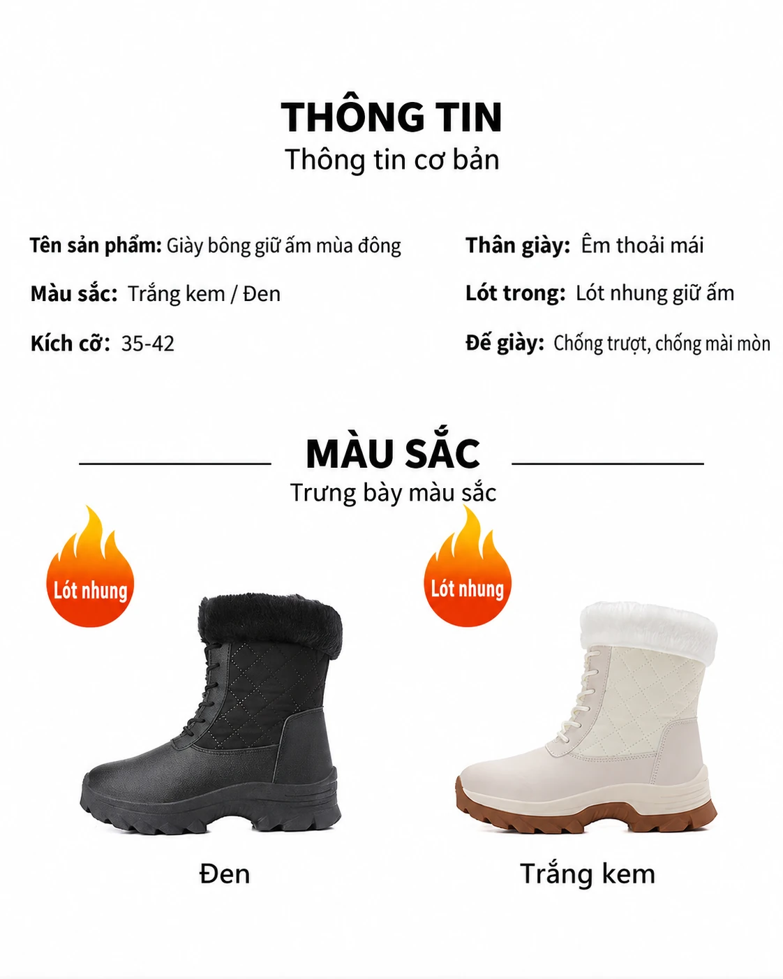 Giày boots đi tuyết nữ cổ cao, chống thấm nước, chống trơn trượt, lót lông giữ ấm, phù hợp đi tuyết và leo núi ngoài trời
