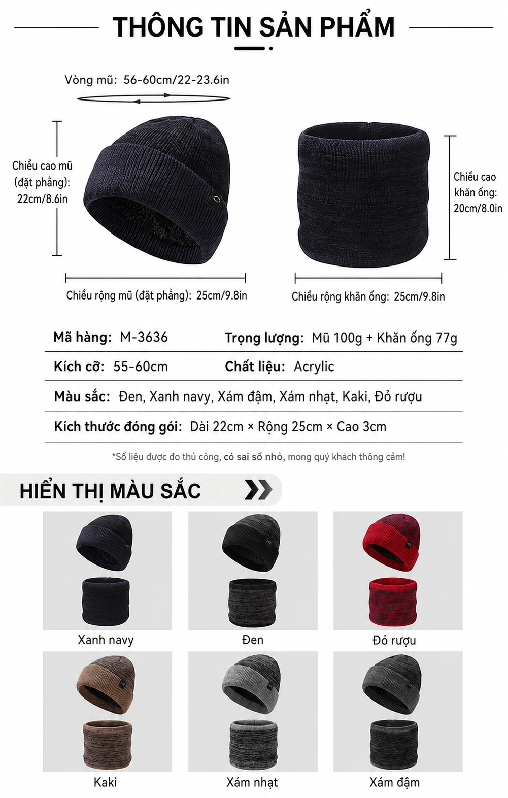 Bộ mũ len và khăn cổ nam có lót nỉ dày, giữ ấm mùa đông