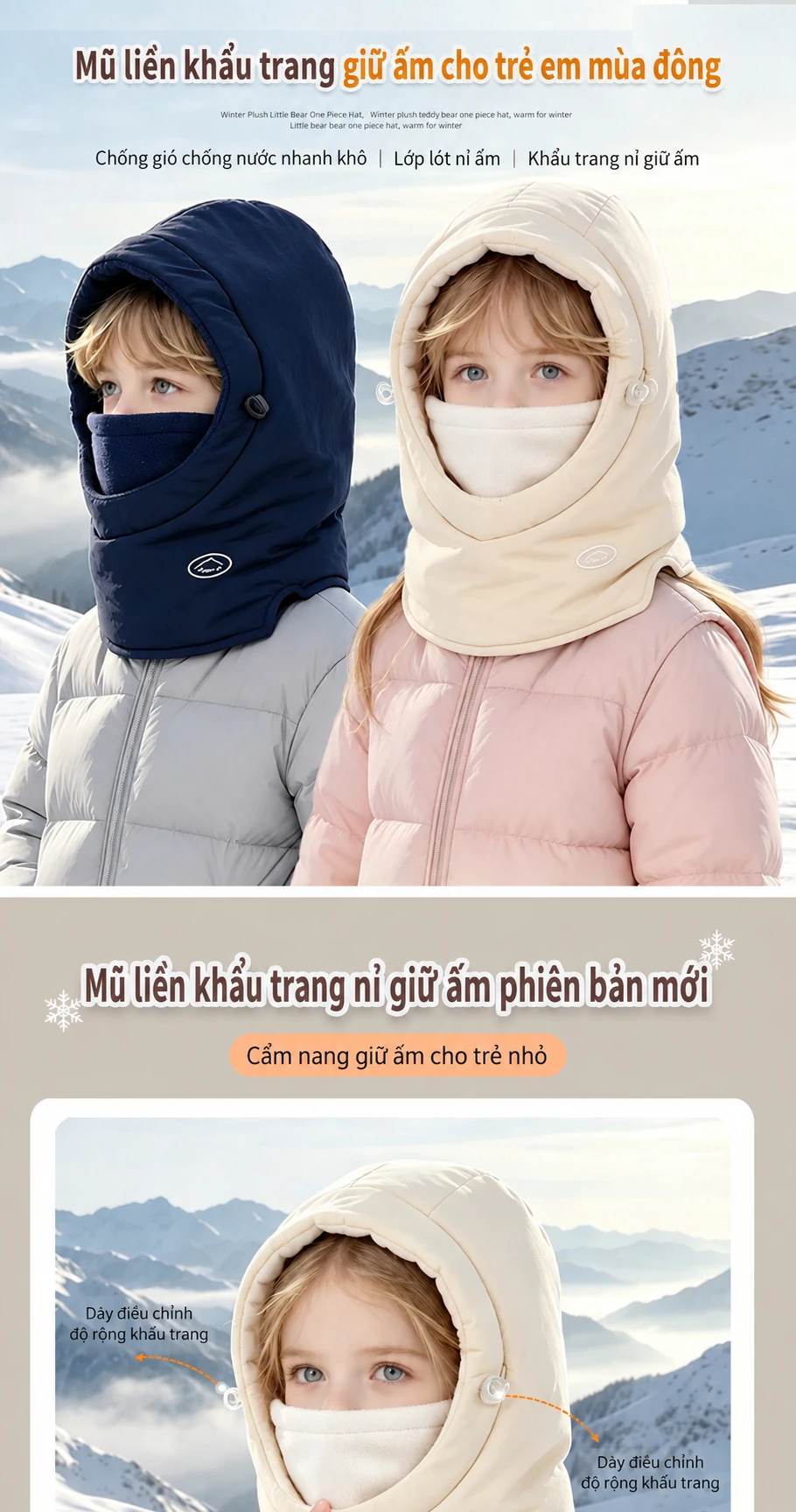 Mũ trùm đầu liền khăn quàng và che mặt cho bé trai bé gái, giữ ấm chống nước, lót lông mùa đông