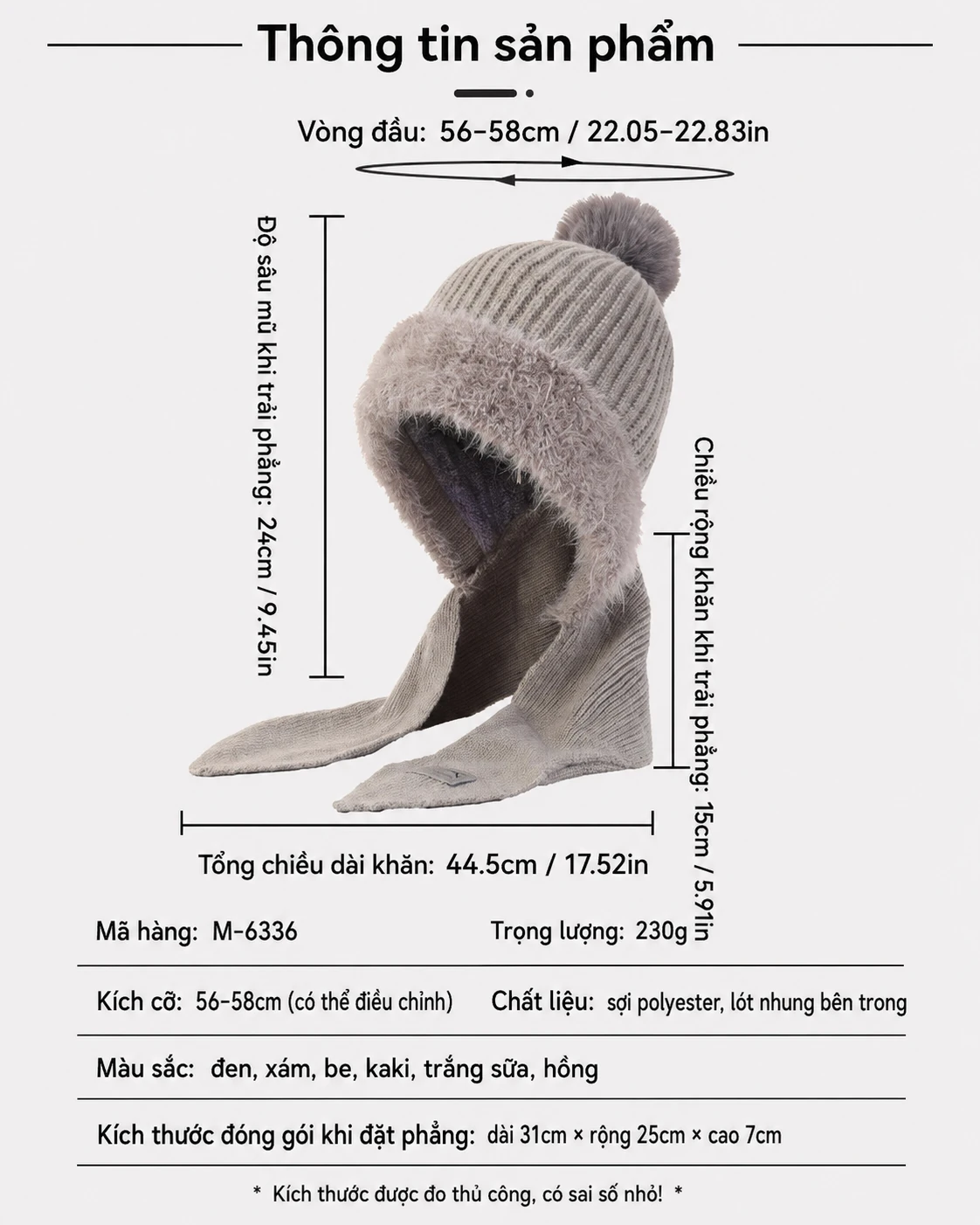 Mũ len dệt kim giữ ấm thu đông dày dặn kèm khăn quàng liền che tai unisex