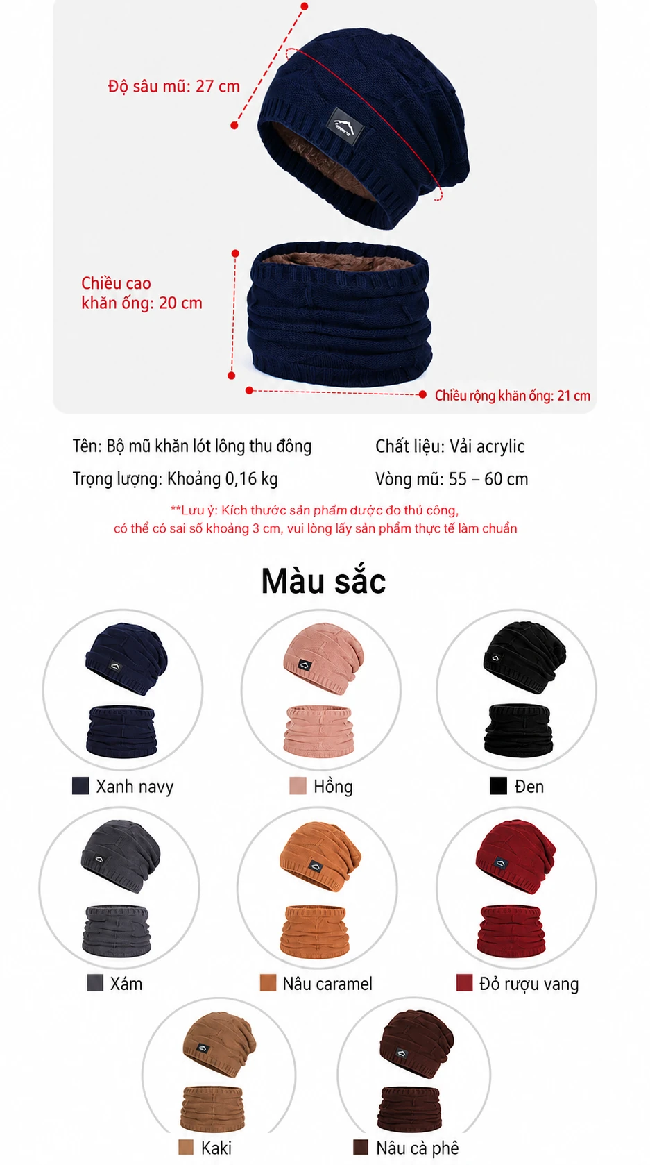 Bộ 2 món mũ len lót lông và khăn ống mùa đông cho nam nữ, giữ ấm ngoài trời, chụp tai