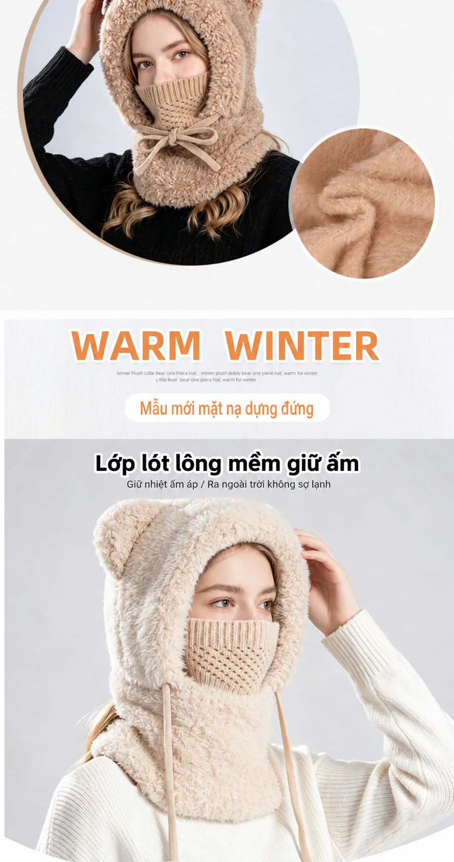 Mũ len nữ trùm đầu liền khăn quàng và khẩu trang, lót lông giữ ấm, che tai, dùng cho mùa đông ngoài trời