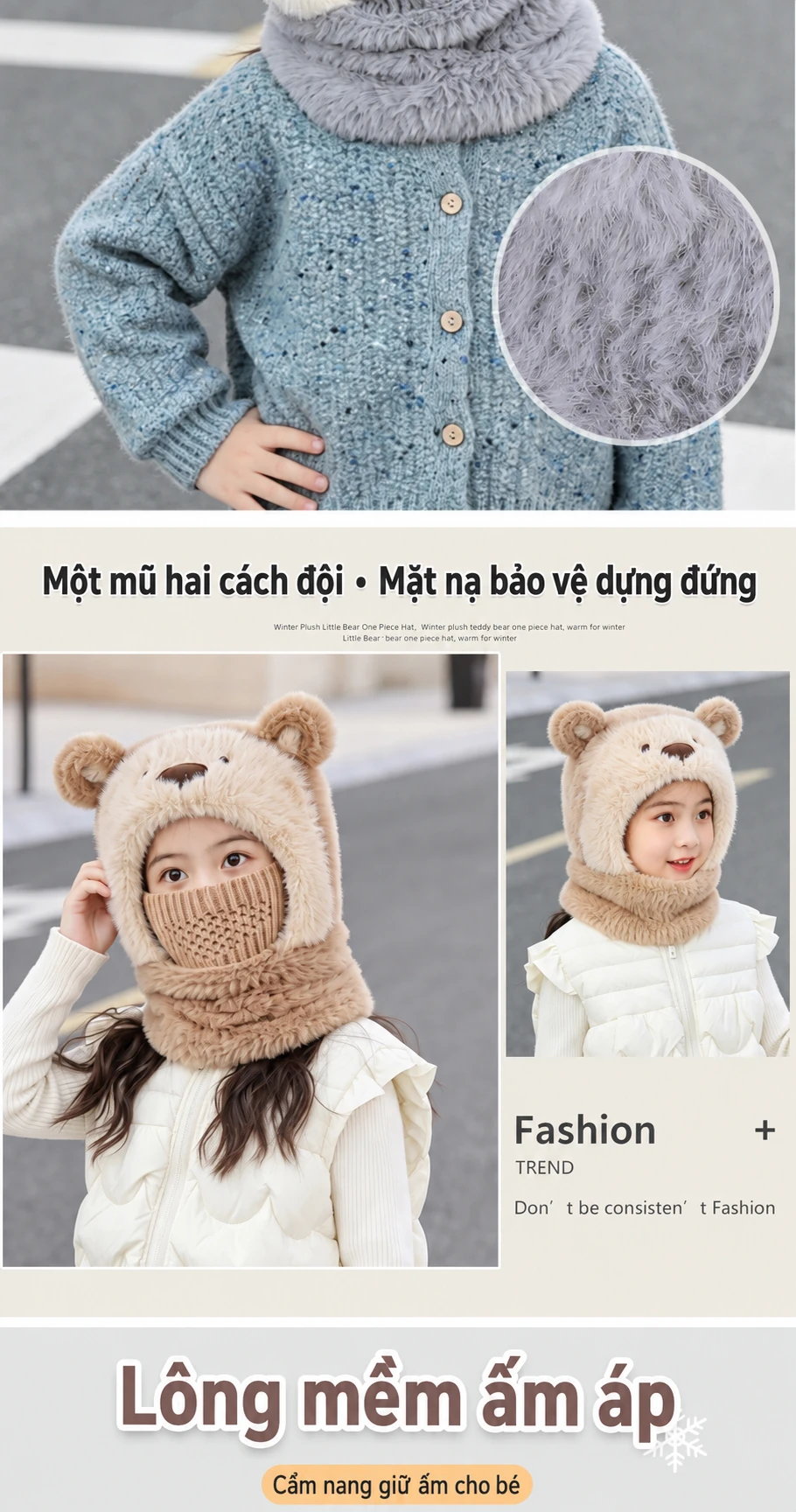 Mũ len trùm đầu liền khăn quàng và khẩu trang cho bé hình gấu hoạt hình, lót lông giữ ấm mùa đông, che tai