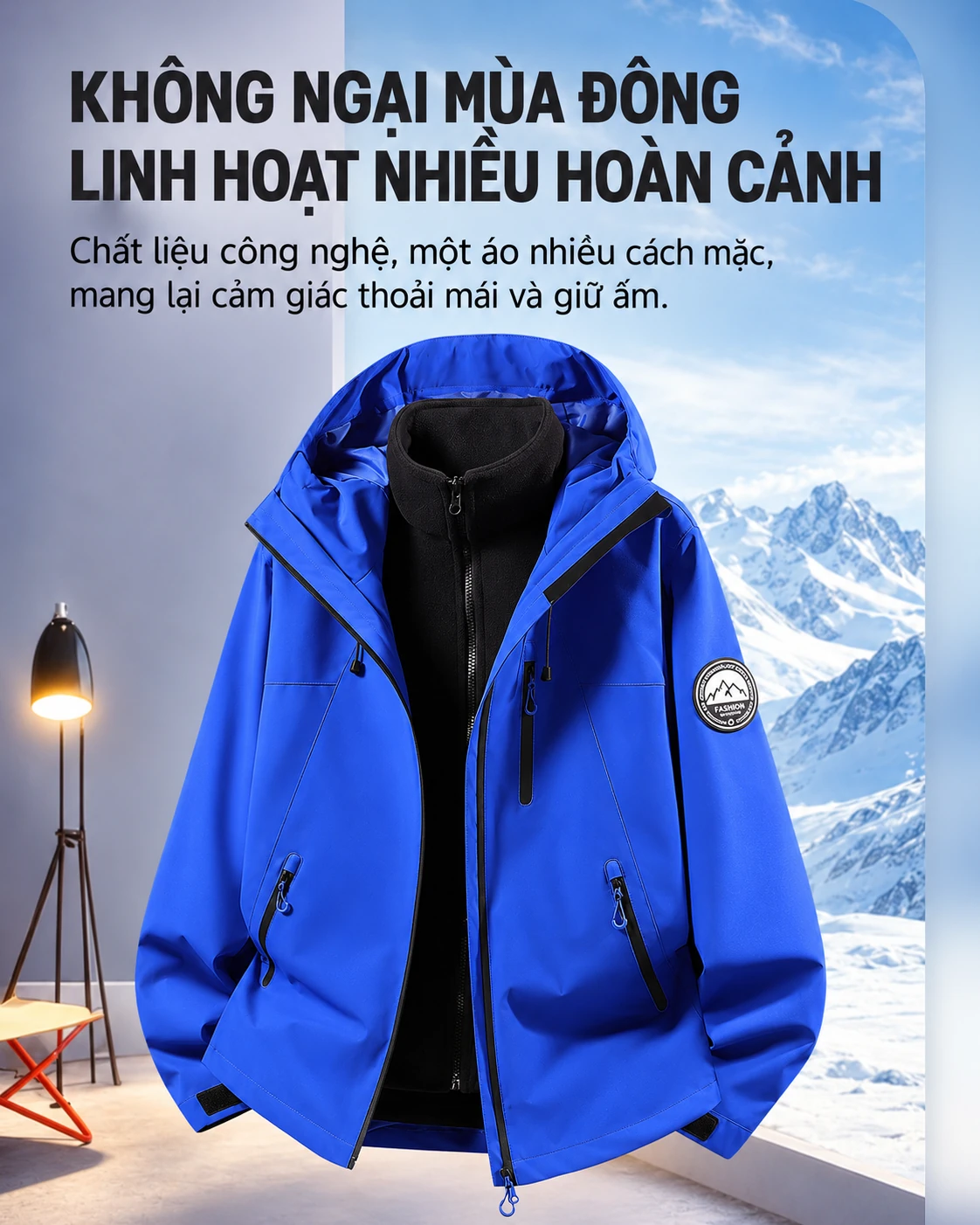 Áo khoác leo núi ngoài trời 3 trong 1 nam nữ, bộ 2 món thu đông, chống gió chống nước, lót nỉ giữ ấm