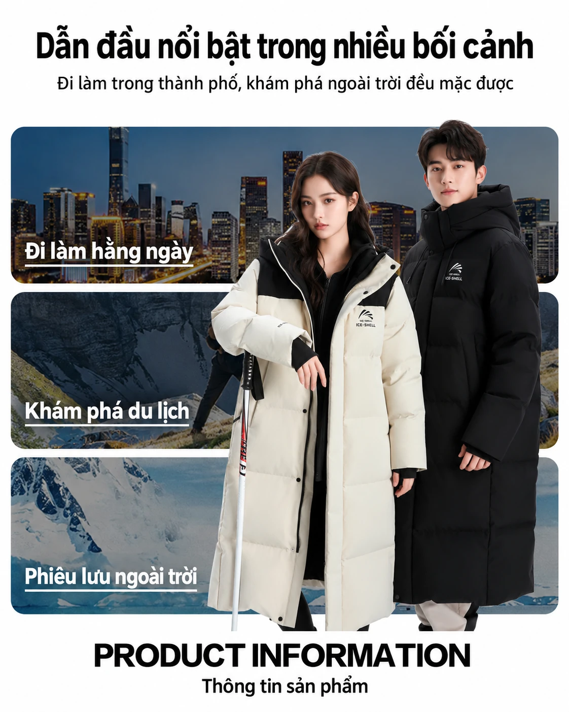 Áo khoác phao lông vũ dáng dài unisex nam nữ giữ ấm mùa đông