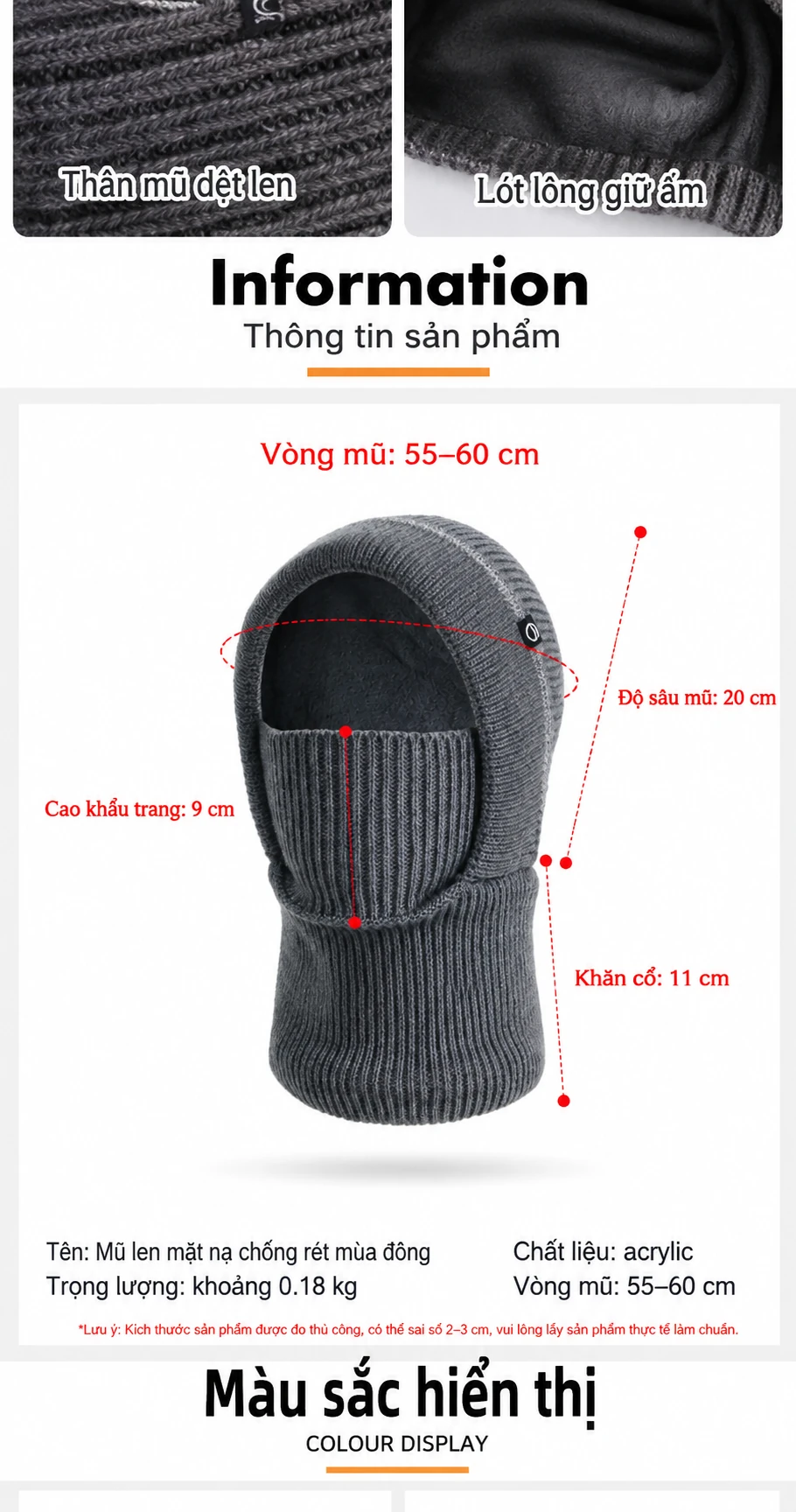  Mũ trùm đầu giữ ấm mùa đông cho nam, có lót nỉ chống lạnh, bảo vệ tai, chất liệu len dệt kim