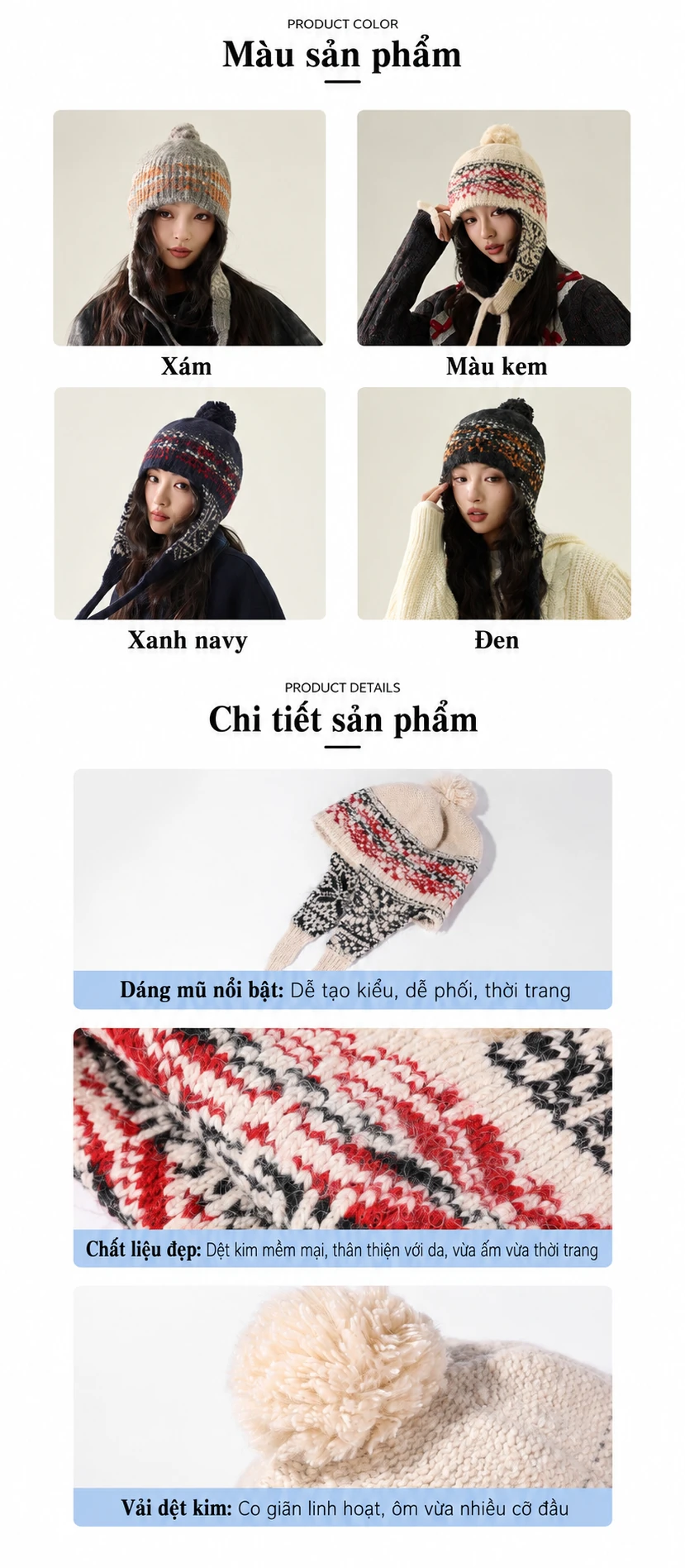Mũ len nữ kiểu tai bèo họa tiết, đính quả bông ngọt ngào dễ thương mùa thu đông