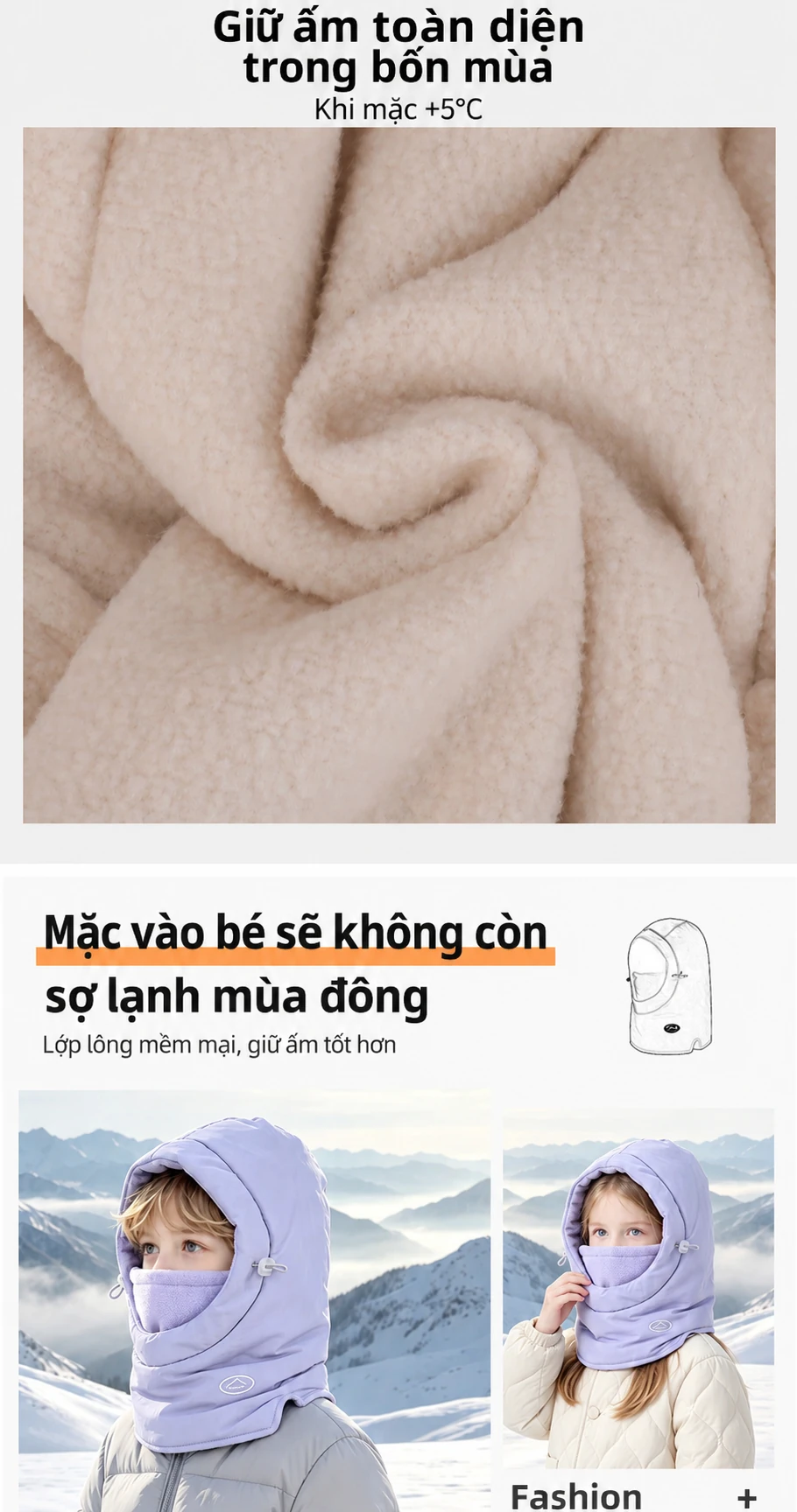 Mũ trùm đầu liền khăn quàng và che mặt cho bé trai bé gái, giữ ấm chống nước, lót lông mùa đông