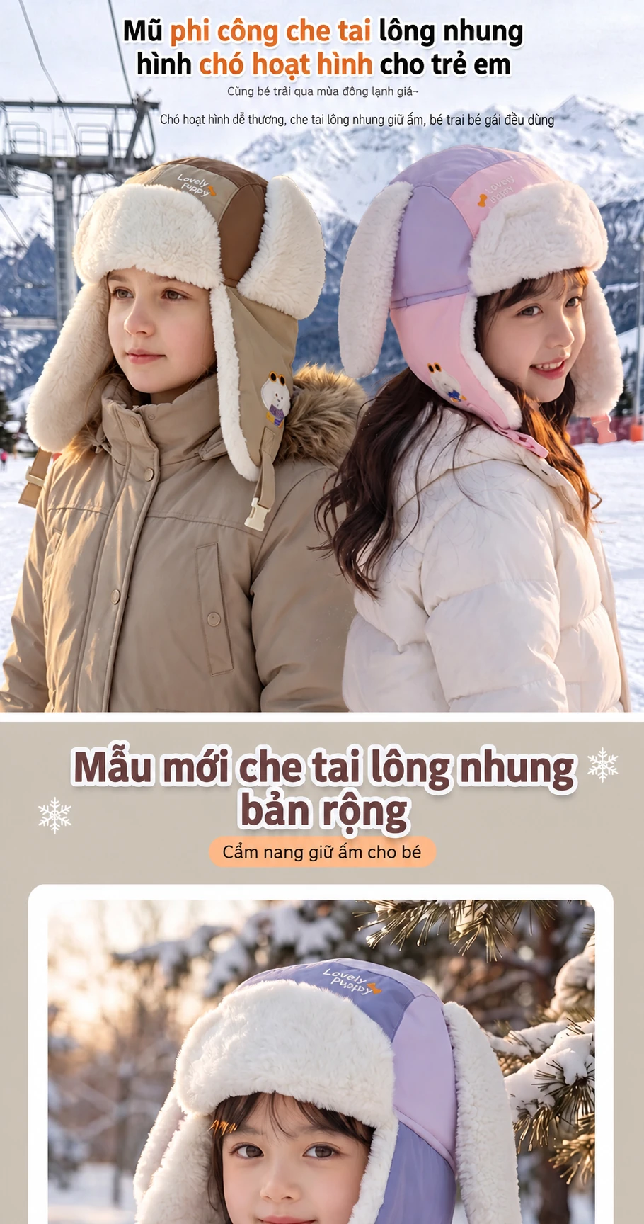 Mũ trẻ em bé trai bé gái hình chó dễ thương, chui đầu, lót lông giữ ấm, che tai cho mùa đông