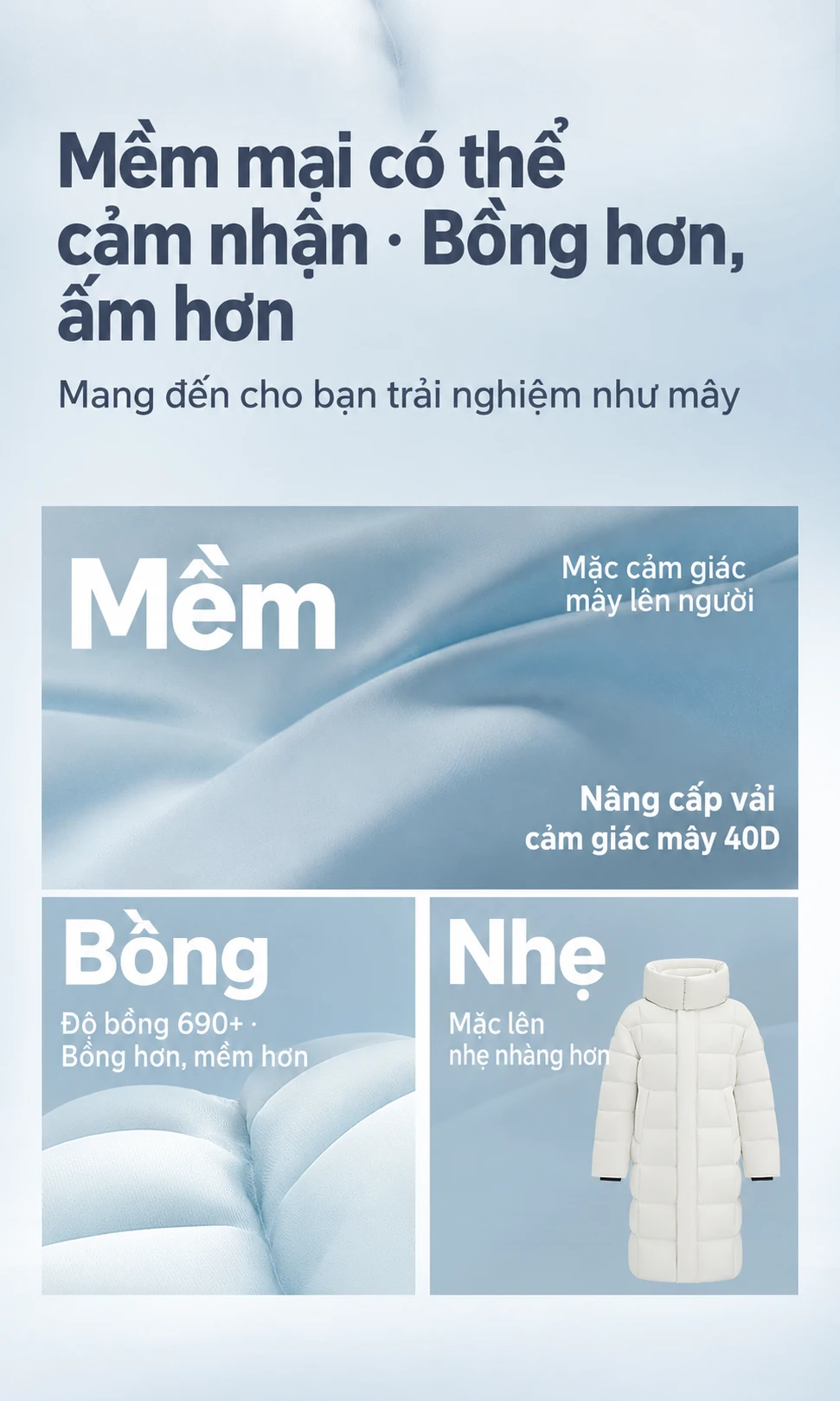 Áo phao lông vũ dáng dài unisex mùa đông , lông ngỗng 90%, kiểu phồng