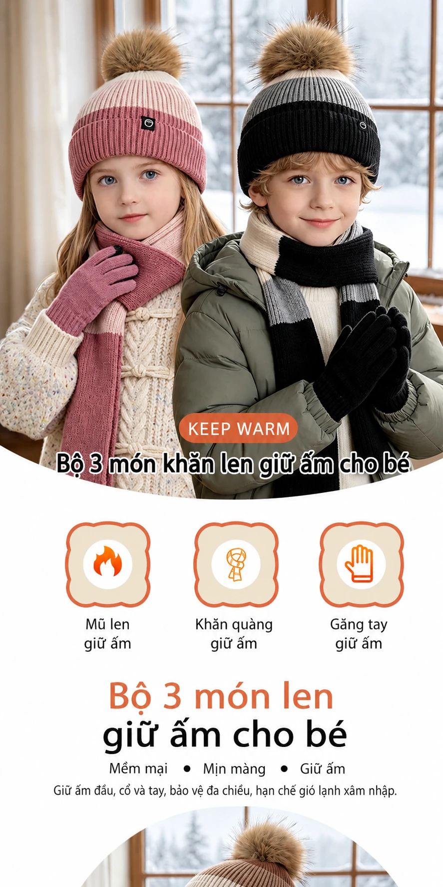Bộ 3 mũ khăn quàng găng tay cho bé trai bé gái mùa đông, mũ len dệt kim có bịt tai lót lông giữ ấm khi đi ngoài trời