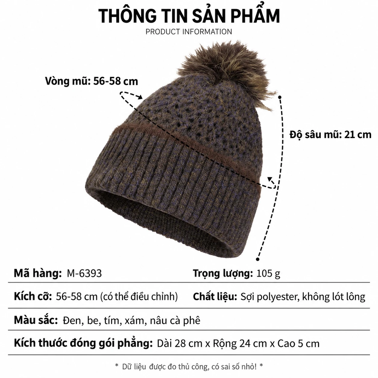 Mũ len nữ 2 lớp đính quả bông, kiểu lỗ thoáng, che tai giữ ấm, thu đông