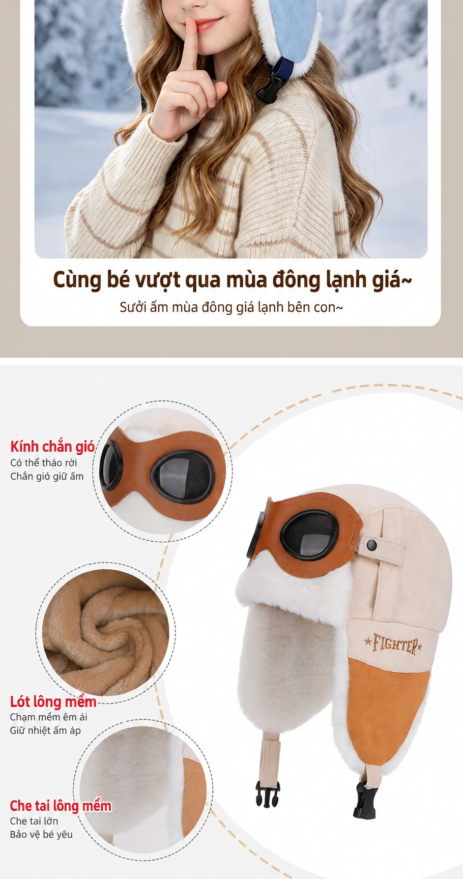 Mũ phi công kèm kính cho bé trai bé gái, lót lông giữ ấm, che tai, dùng mùa đông ngoài trời