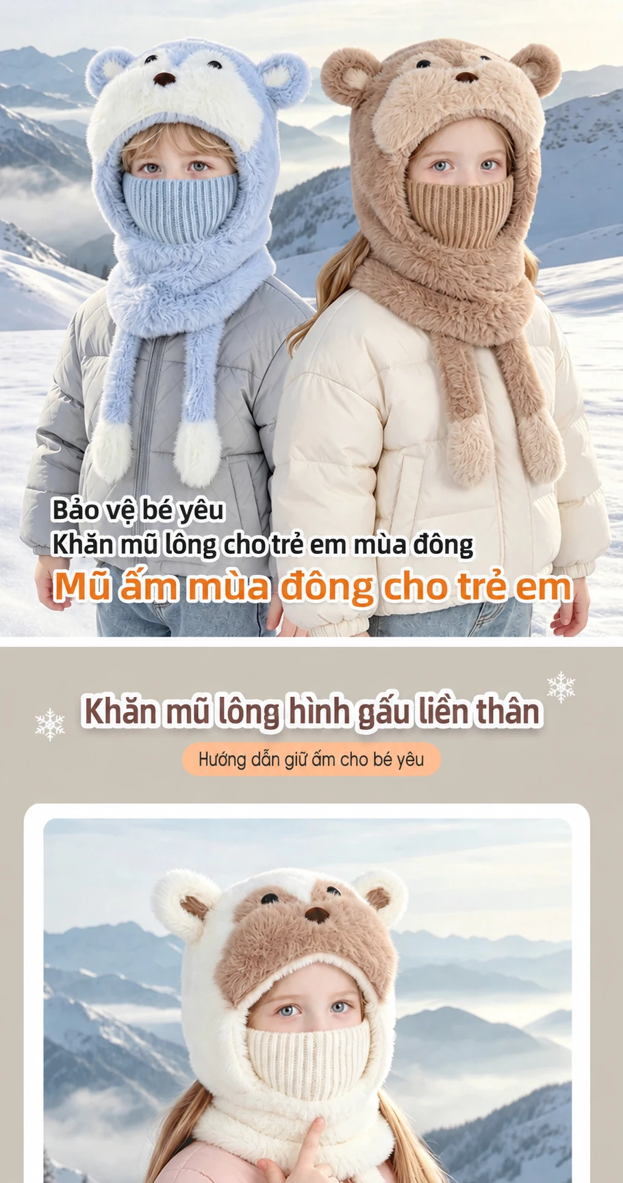 Mũ len trùm đầu liền khăn ống và khẩu trang cho bé trai bé gái, giữ ấm mùa đông, có che tai, họa tiết hoạt hình
