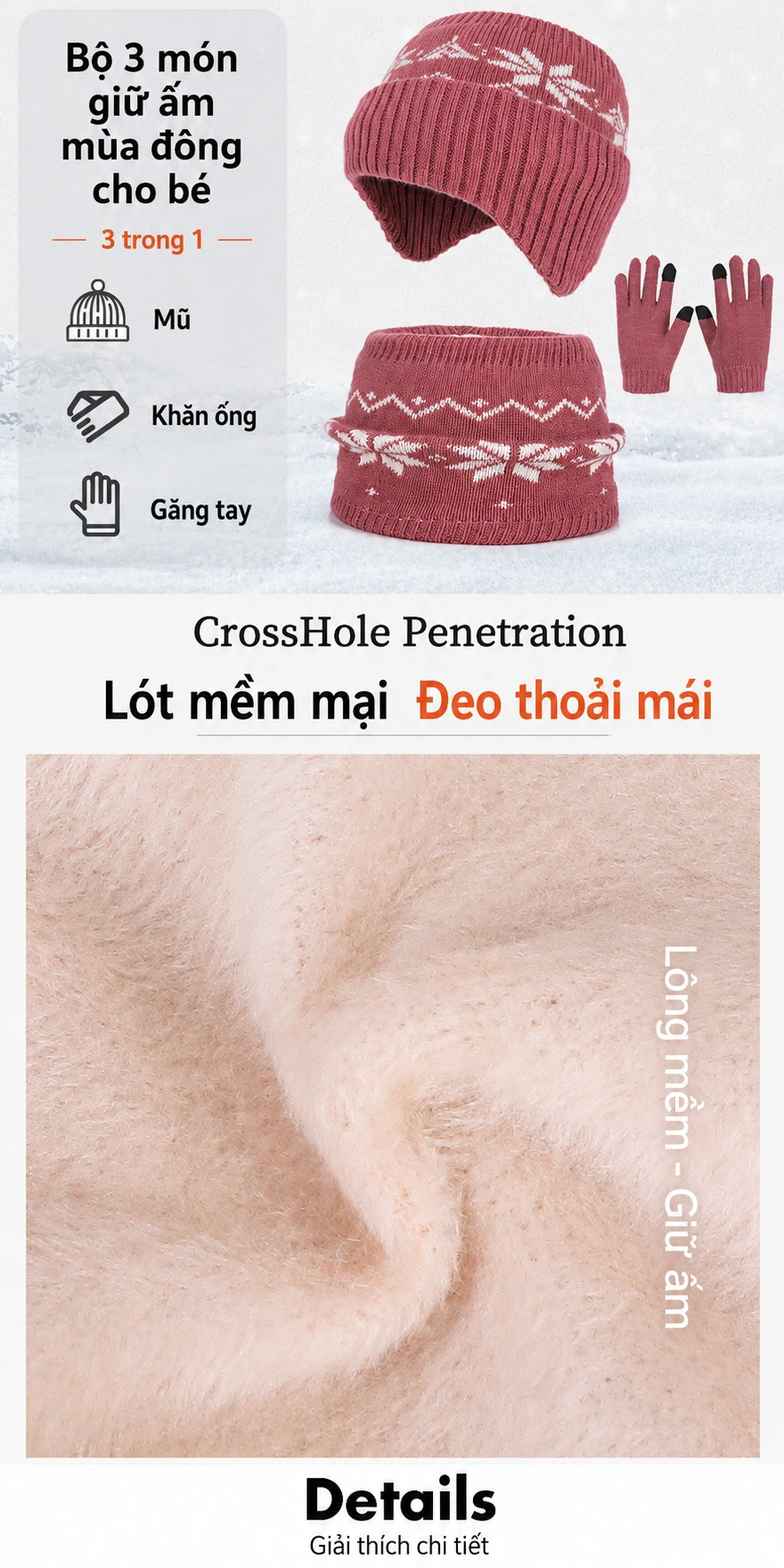 Bộ 3 món mũ len, găng tay và khăn ống cho bé trai bé gái, lót lông giữ ấm, che tai, dùng ngoài trời mùa đông