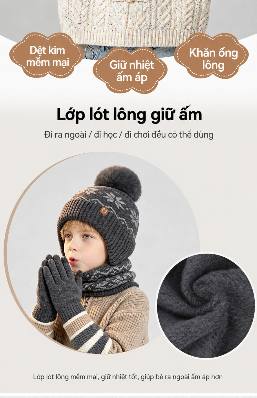 Bộ 3 món mũ len, găng tay và khăn ống cho bé trai bé gái, lót lông giữ ấm, che tai, dùng ngoài trời mùa đông