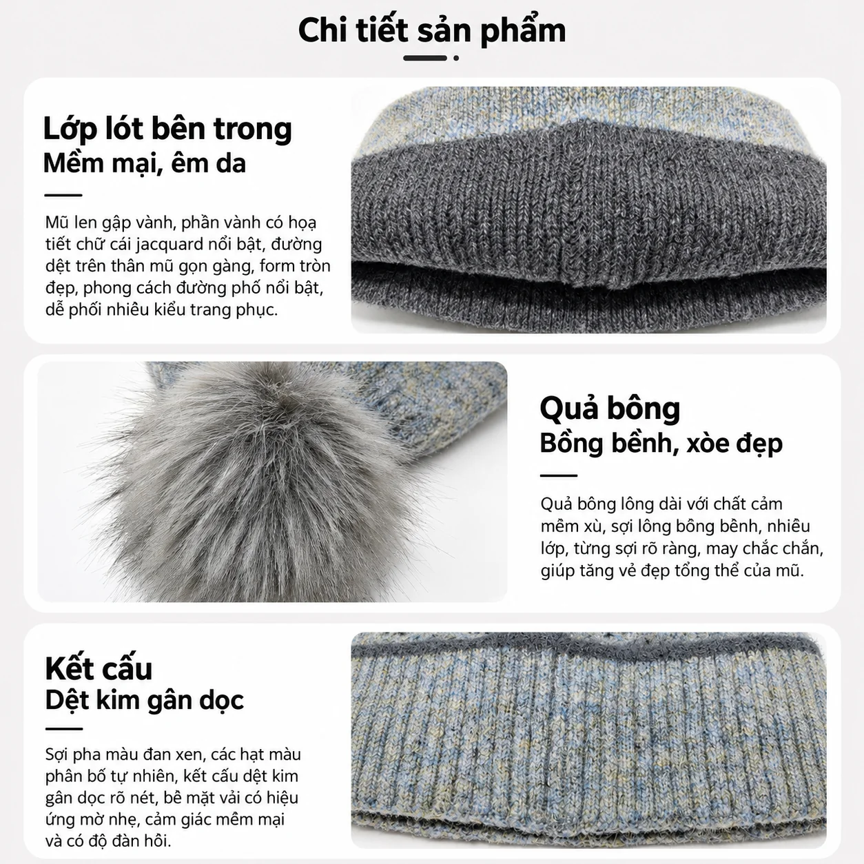 Mũ len nữ 2 lớp đính quả bông, kiểu lỗ thoáng, che tai giữ ấm, thu đông