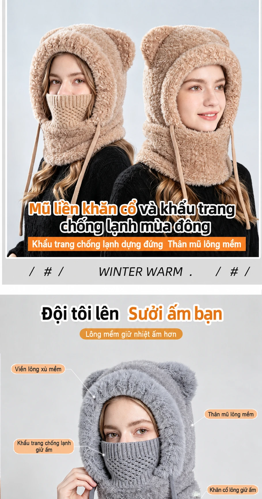 Mũ len nữ trùm đầu liền khăn quàng và khẩu trang, lót lông giữ ấm, che tai, dùng cho mùa đông ngoài trời