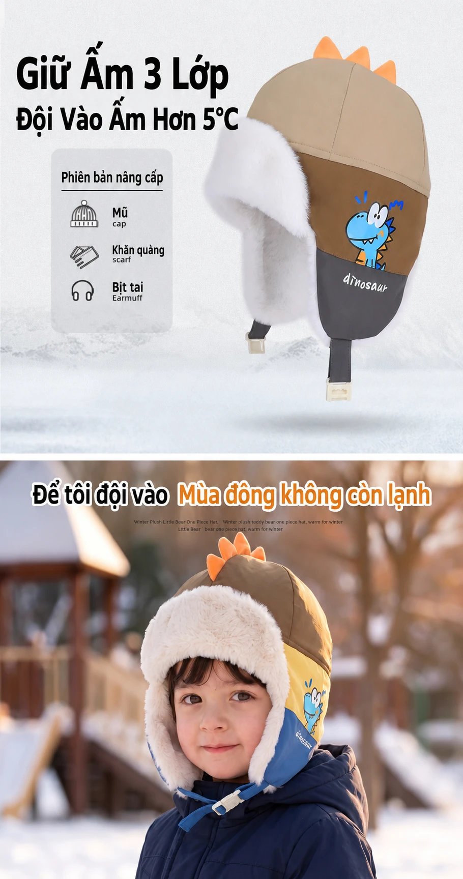 Mũ trẻ em mùa đông lót lông giữ ấm che tai, mũ chui đầu hình thỏ khủng long cho bé trai bé gái