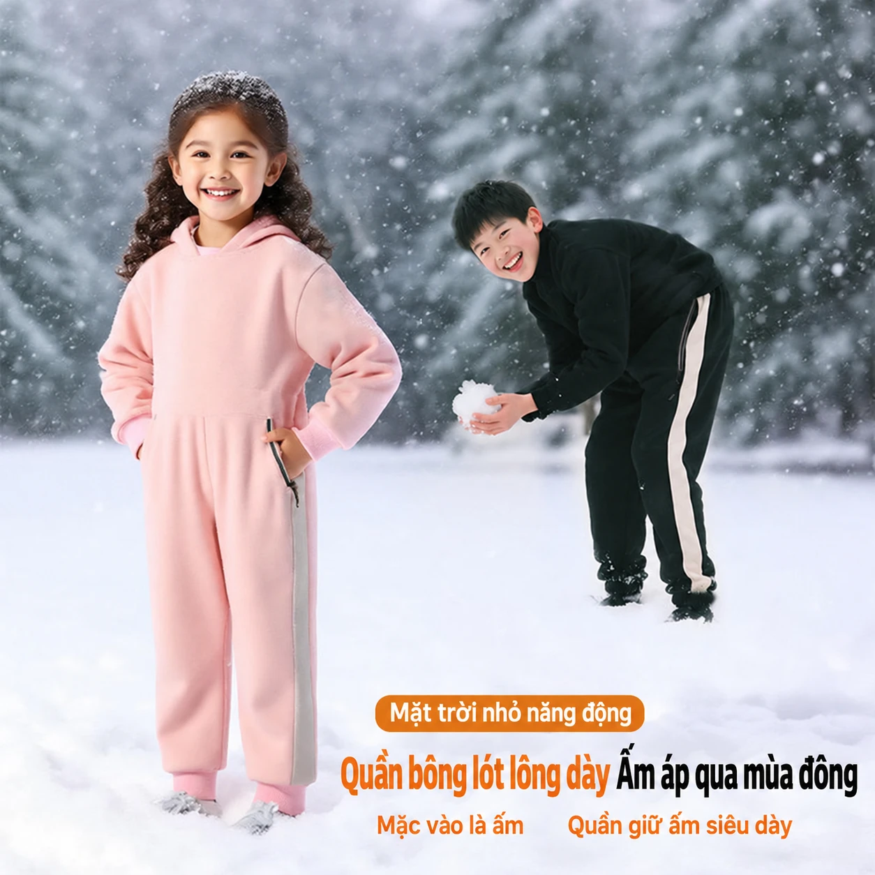 Quần bông trẻ em chống lạnh chống nước mặc mùa đông, lót lông dày giữ ấm, mặc ngoài cho bé trai và bé gái