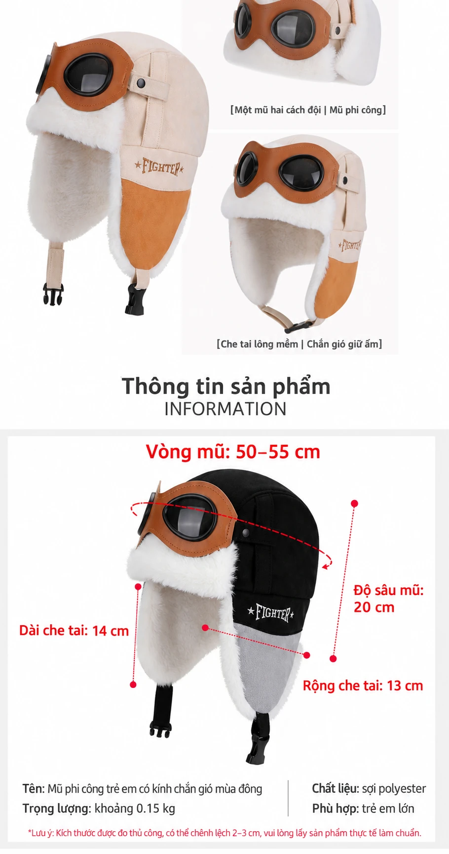 Mũ phi công kèm kính cho bé trai bé gái, lót lông giữ ấm, che tai, dùng mùa đông ngoài trời