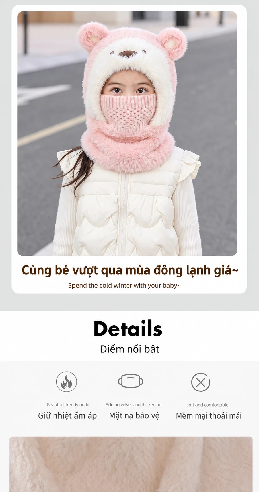 Mũ len trùm đầu liền khăn quàng và khẩu trang cho bé hình gấu hoạt hình, lót lông giữ ấm mùa đông, che tai