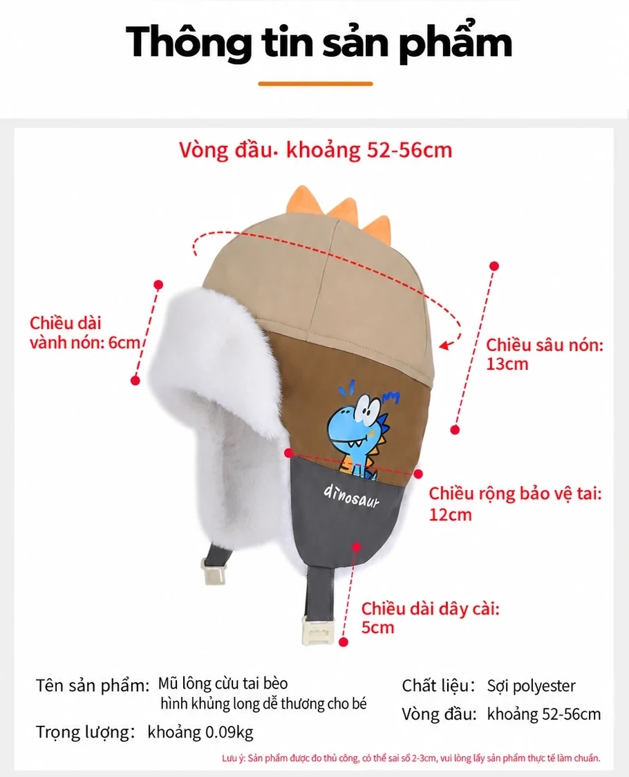 Mũ trẻ em mùa đông lót lông giữ ấm che tai, mũ chui đầu hình thỏ khủng long cho bé trai bé gái
