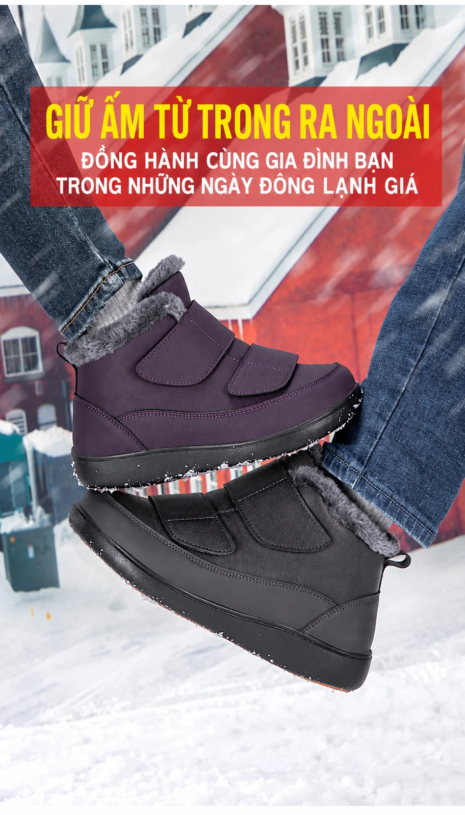 Giày đi tuyết nam, nữ chống trơn trượt, lót lông dày giữ ấm mùa đông