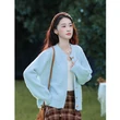 Áo khoác len cardigan nữ dệt kim màu xanh cổ tròn cài nút cổ điển mặc mùa thu