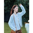Áo khoác len cardigan nữ dệt kim màu xanh cổ tròn cài nút cổ điển mặc mùa thu