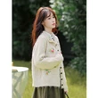 Áo cardigan len dệt kim nữ cổ bẻ thêu tay phong cách nghệ thuật, dáng rộng mềm mại cho mùa thu