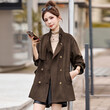 Áo khoác trench da lộn nữ dáng dài vừa mùa thu phong cách retro thắt eo tôn dáng