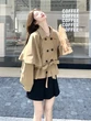Áo khoác măng tô nữ cape dáng ngắn, hai hàng khuy, thắt đai eo cho nữ, mặc thu