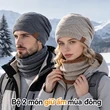 Bộ mũ len nam nữ dệt kim giữ ấm mùa đông ngoài trời kèm khăn ống, mũ chụp đầu lót lông che tai