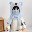 Mũ trùm đầu liền khăn quàng và khẩu trang cho bé trai bé gái mùa đông, giữ ấm che tai, họa tiết gấu dễ thương