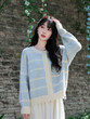 Áo cardigan len nữ dệt kim sọc xanh phong cách Pháp dịu dàng, dáng rộng mặc ngoài trời mùa thu đông