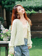 Áo khoác len cardigan nữ dệt kim màu xanh sữa, dáng rộng mặc thu đông