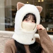 Mũ len dệt kim nữ tai mèo lông xù, giữ ấm mùa đông, liền khăn quàng và khẩu trang trùm đầu