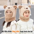 Mũ len trùm đầu liền khăn quàng và khẩu trang cho bé hình gấu hoạt hình, lót lông giữ ấm mùa đông, che tai