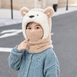 Mũ len trùm đầu liền khăn quàng và khẩu trang cho bé hình gấu hoạt hình, lót lông giữ ấm mùa đông, che tai